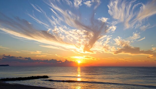Stunning ocean sunset with dramatic clouds and golden hour colors