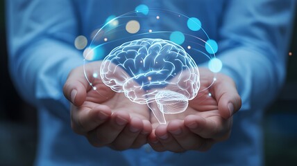 Human hands holding a glowing digital brain with abstract lights