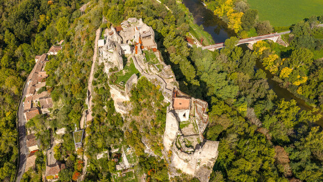 Aerial view of the Chateau de Penne in the Tarn region of Occitanie, France