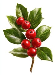 holly berry sprig with four berries and green leaves on transparent background