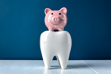 Creative financial concept showing pink piggy bank atop a tooth model, representing dental care, health insurance, and savings ideas.