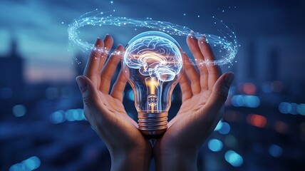 Hands holding glowing abstract light bulb with digital network connections
