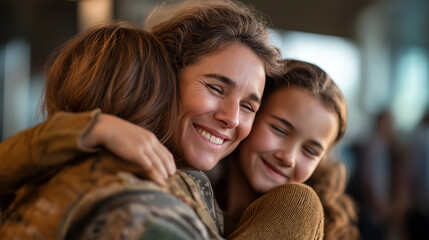Military parent hugging children at airport arrival emotional homecoming family reunion deployment return joyful embrace military family life separation ending loving