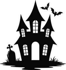 Spooky haunted house with bats and graveyard perfect for halloween on transparent background silhouette