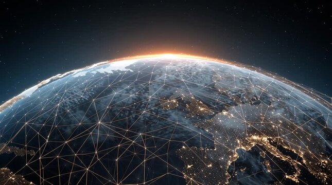 planet Earth from space wrapped in a glowing global neural network, symbolizing worldwide artificial intelligence, planetary connectivity, shared data, and the emergence of a unified digital mind.