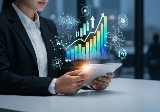 Businesswoman analyzing financial growth data on tablet with digital interface - Powered by Adobe