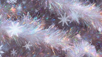 Fototapeta premium background of mixed iridescent tinsel garland with occasional snowflakes no logos no brands ar 169
