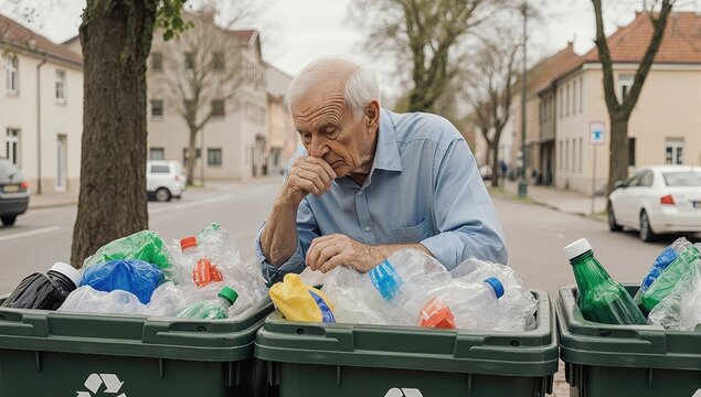 A realistic photograph captures an elderly white man with thoughtful eyes carefully examining recycling symbols on various plastic items before meticulously sorting them into designated bins at home - Powered by Adobe