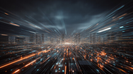 An attractive tech background with the motion of a big city. Motion effect