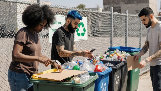 Realistic community scene of roommates sorting recyclables at a municipal drop-off: flattening cardboard, separating plastics and metals. Natural morning light, candid, eco-friendly teamwork.