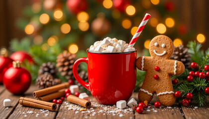 Warm holiday scene with red cup of hot chocolate topped with marshmallows, candy cane straw, and smiling gingerbread man cookie.