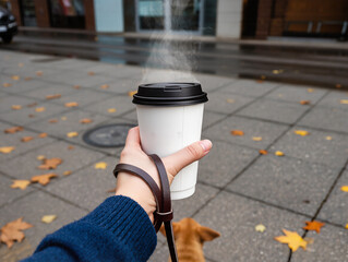 Holding To-Go Coffee Cup While Walking Dog On Park Path. Close-up of a hand gripping a white takeout coffee cup with a brown lid on a sunny park path; a leash leads to a small dog as pedestrians.