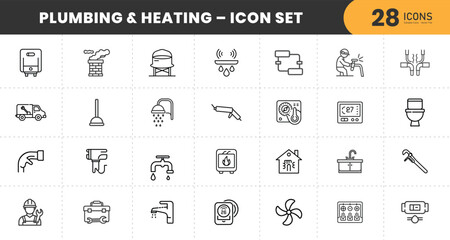  Plumbing and Heating Line Icons Set – Thin Outline Vector Symbols for Repair, Maintenance, HVAC, Water, and Gas Services with transparent Background.