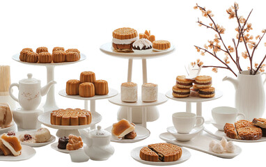 Detailed view of festive Chinese desserts showcasing colorful presentation and intricate designs isolated on transparent background PNG