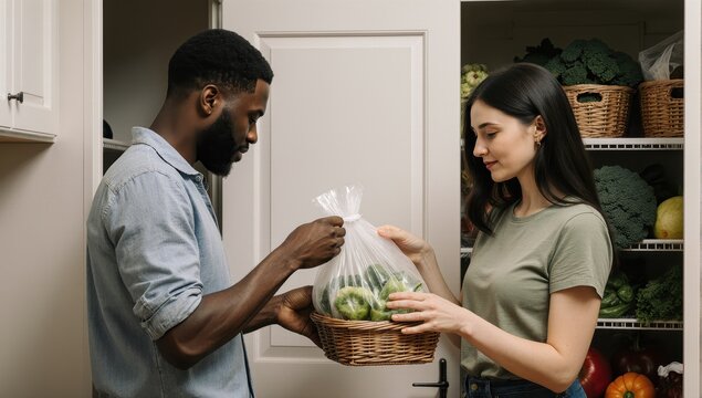 A realistic photograph captures a young, diverse couple in their early 30s – a Black man and a white woman – engaged in an eco-conscious domestic task - Powered by Adobe