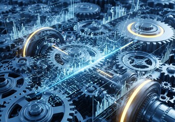 Closeup of complex gears and cogs with data visualization overlay, representing technology