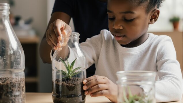 A biracial child, approximately 6 years old, under adult supervision, engages in a hands-on educational activity, creating a small terrarium from a repurposed clear plastic bottle