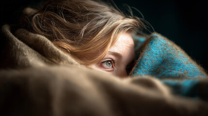 A woman with sad eyes lies in bed. Conceptual representation of loneliness and the struggle with depression.