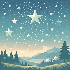 Night sky over a tranquil mountain landscape dotted with stars