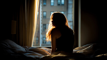 A girl sitting on her bed in the morning. Concept of loneliness, melancholy, and boredom.