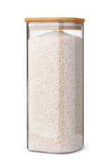 Uncooked white rice in a glass storage container