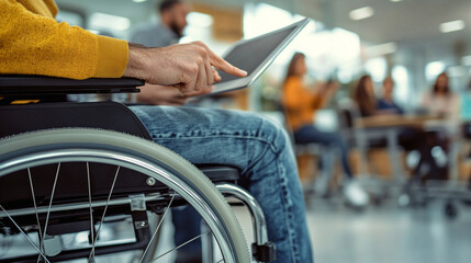 Fototapeta premium Close-up of a wheelchair userâs hand holding a tablet, sharing presentation slides, blurred background of a meeting room with multiethnic team