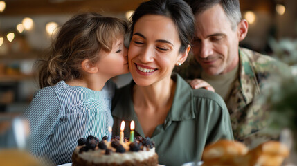 Military family celebrating birthday party at home family celebration military lifestyle home festivities family joy special occasions domestic celebration family happiness