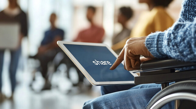 Close-up of a wheelchair userâs hand tapping "share" on a sleek tablet, bright modern office with diverse colleagues blurred in background