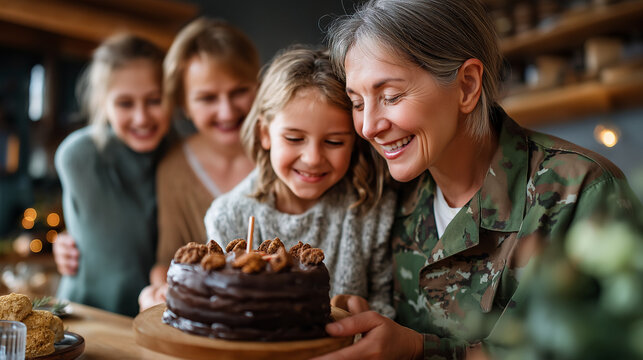 Military family celebrating birthday party at home family celebration military lifestyle home festivities family joy special occasions domestic celebration family happiness