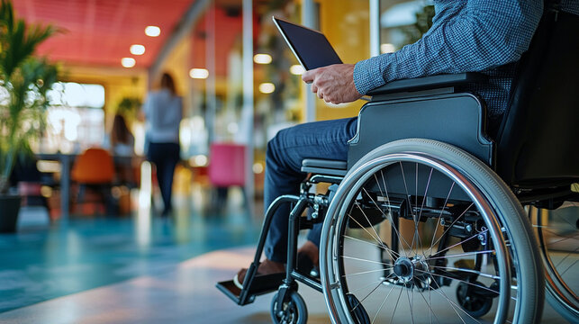 Close-up of a wheelchair user scrolling on a digital tablet, coworkers collaborating behind glass walls in a colorful inclusive workspace - Powered by Adobe