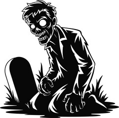 Creepy zombie rising from a grave with grass on transparent background silhouette