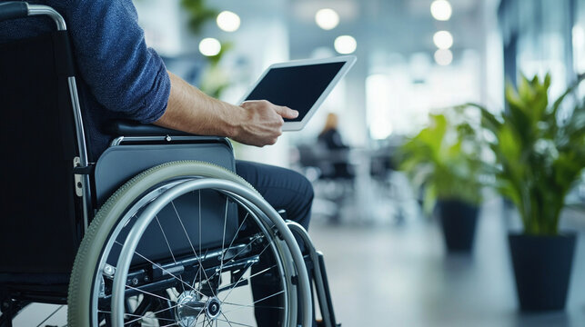 Close-up of wheelchair userâs hand sharing social media content on tablet, blurred background of open-plan office with plants and teamwork