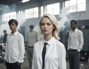 Group portrait in a dusty factory