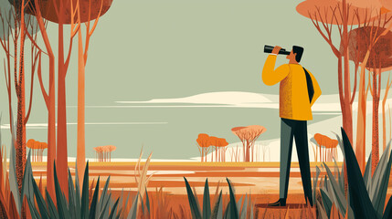 A flat illustration of a man with binoculars in a field, looking for birds. Birdwatching concept.