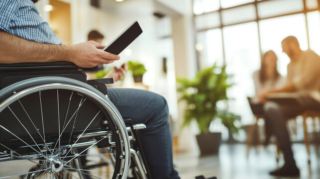 Close-up of a wheelchair userâs hand resting on sleek tablet, sharing photos during break, blurred colleagues laughing in cozy office corner