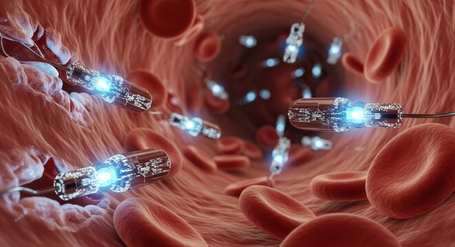 Nanorobot in blood vessel. Futuristic medicine concept for targeted drug delivery and medical treatment with blood cell.