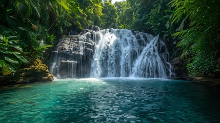 Fototapeta premium Exotic waterfall nestled in a tropical jungle, with clear waters and rich greenery. Ideal for adventure, travel, or relaxation themes.