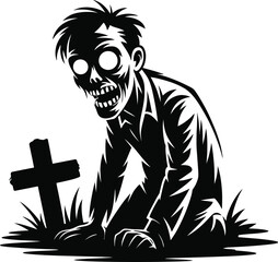 Creepy zombie emerging from ground near grave with cross silhouette on transparent background