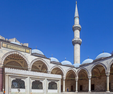 Istanbul, Turkey, the couryard of Suleiman mosque with the minaret