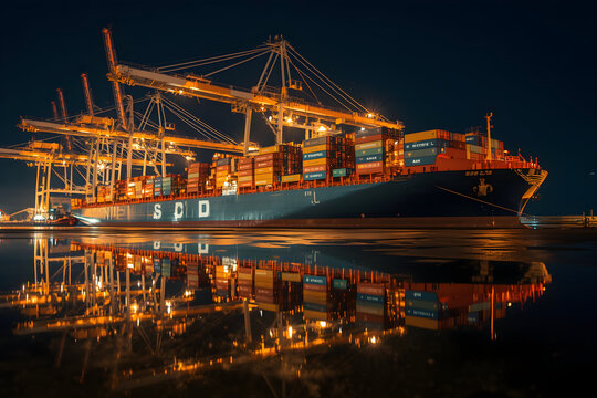 Reflections of a colossal cargo ship at night during loading and unloading process under the bright lights