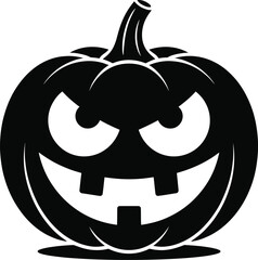 Black halloween pumpkin carving with a spooky face on transparent background silhouette