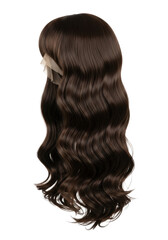 Naklejka premium A single long, dark brown, wavy wig with distinct bangs, pristine and lifelike, against a transparent isolated background with bright studio light, concept for beauty product advertising