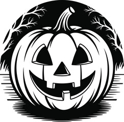 Spooky jack o lantern with branches and a full moon on transparent background silhouette