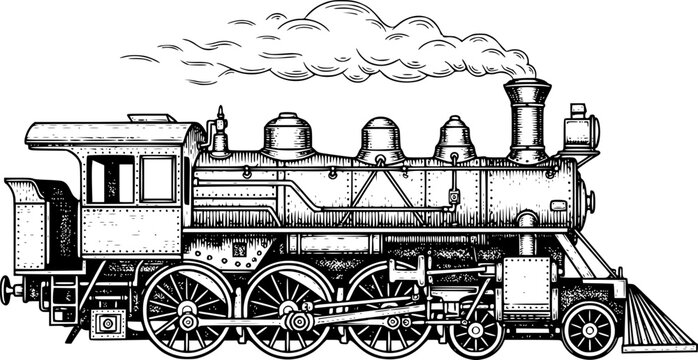 Engraved steam locomotive vector illustration. Vintage train etching highly detailed.
