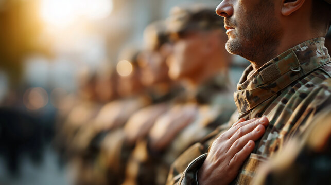 Soldiers in camouflage uniform standing at attention military formation disciplined stance troop alignment military precision service readiness combat readiness uniformed