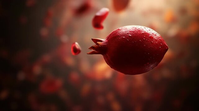 Vibrant, dewy red pomegranate floats amidst blurred red arils on a dark background