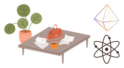Wooden table with documents, bag, and coffee cup next to potted plant. Geometric figure and atomic symbol highlight learning, work, creativity, organization, education and focus. A simple flat