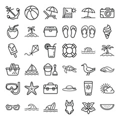 Summer Outline Vector Icon Set – Beach, Vacation, Travel, Tropical and Holiday Line Symbols