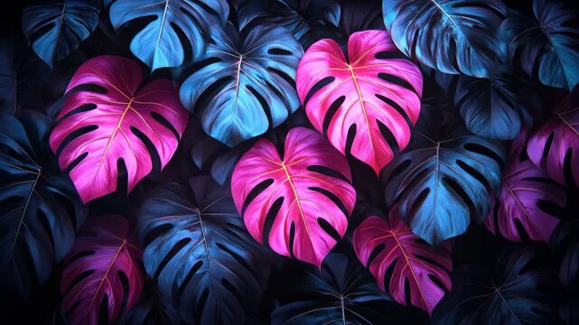 Vibrant, glowing pink and blue tropical leaves with dark background, exotic plant pattern
