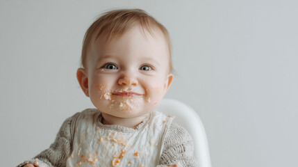 Baby enjoying a messy snack with a big smile and playful expression in a bright room